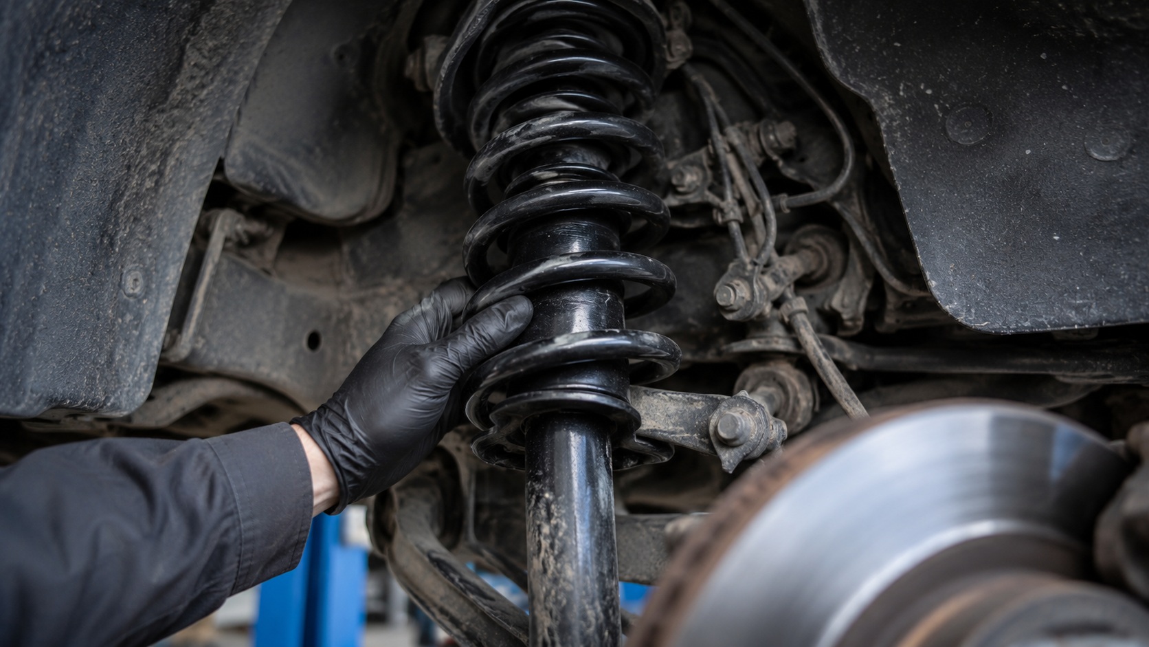 Vehicle suspension spring and strut ready for a check-up