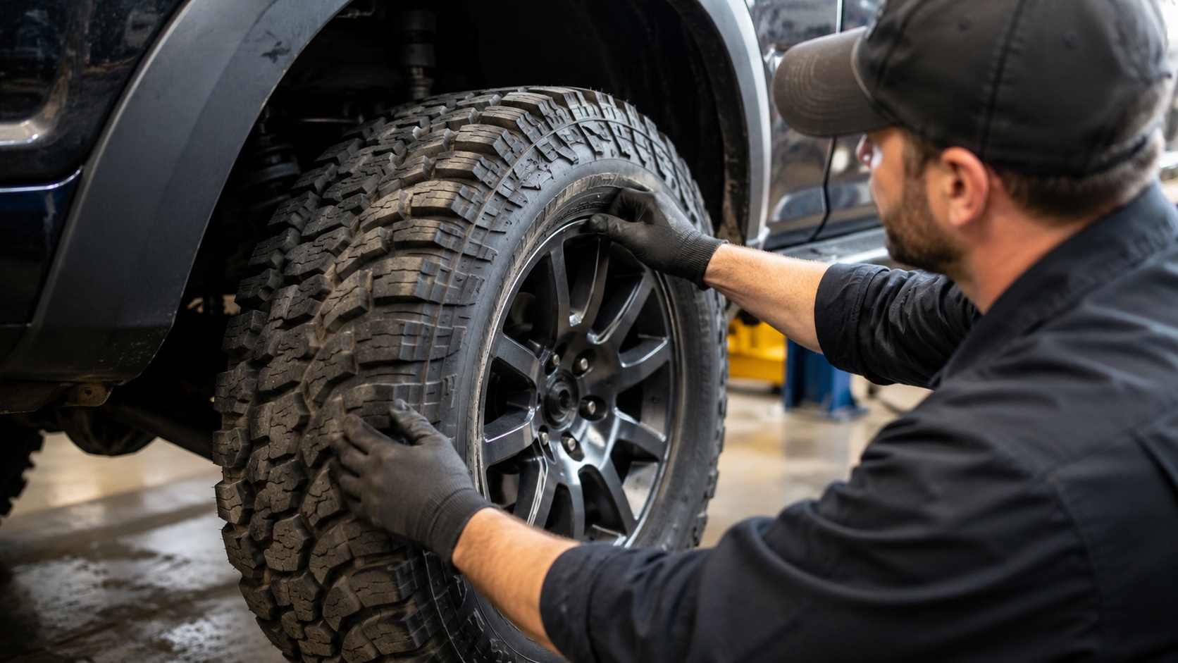 Wheel and tire being inspected during service
