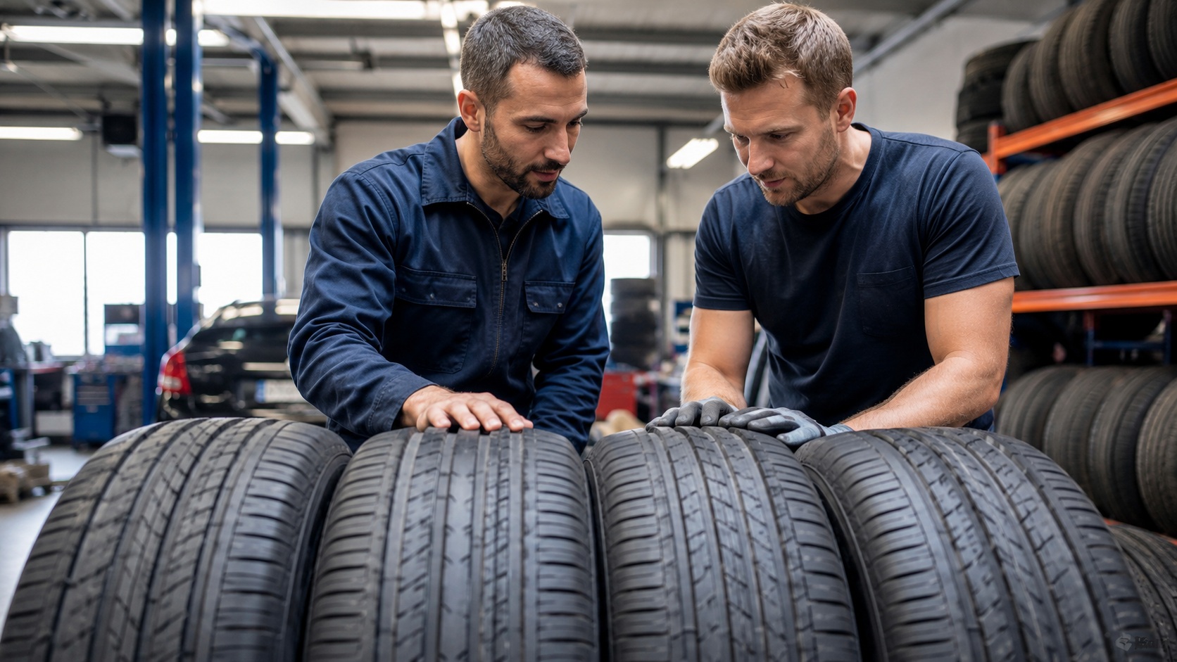 Technicians comparing tires in a service shop