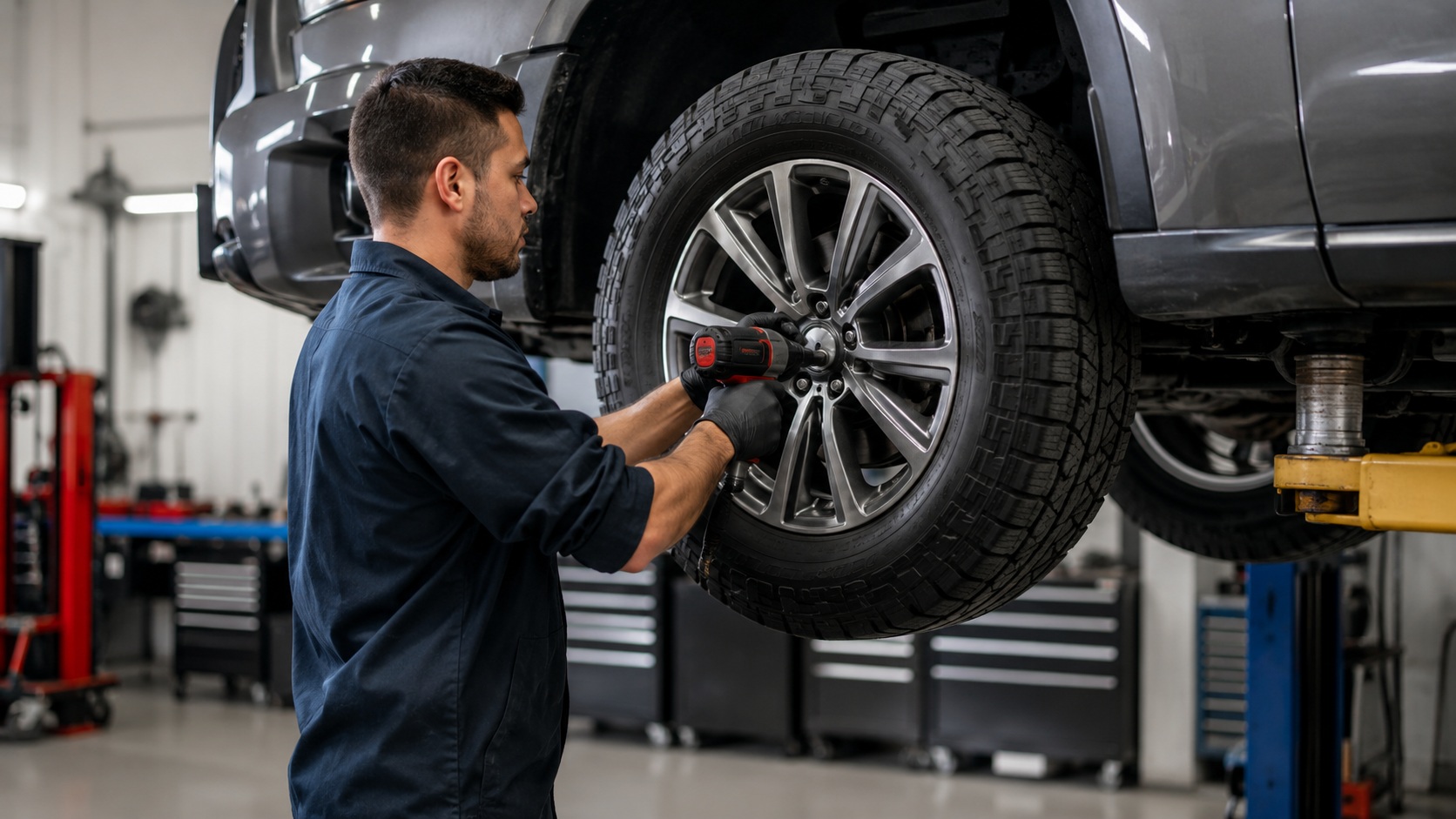 Technician servicing a tire and wheel on a lifted vehicle