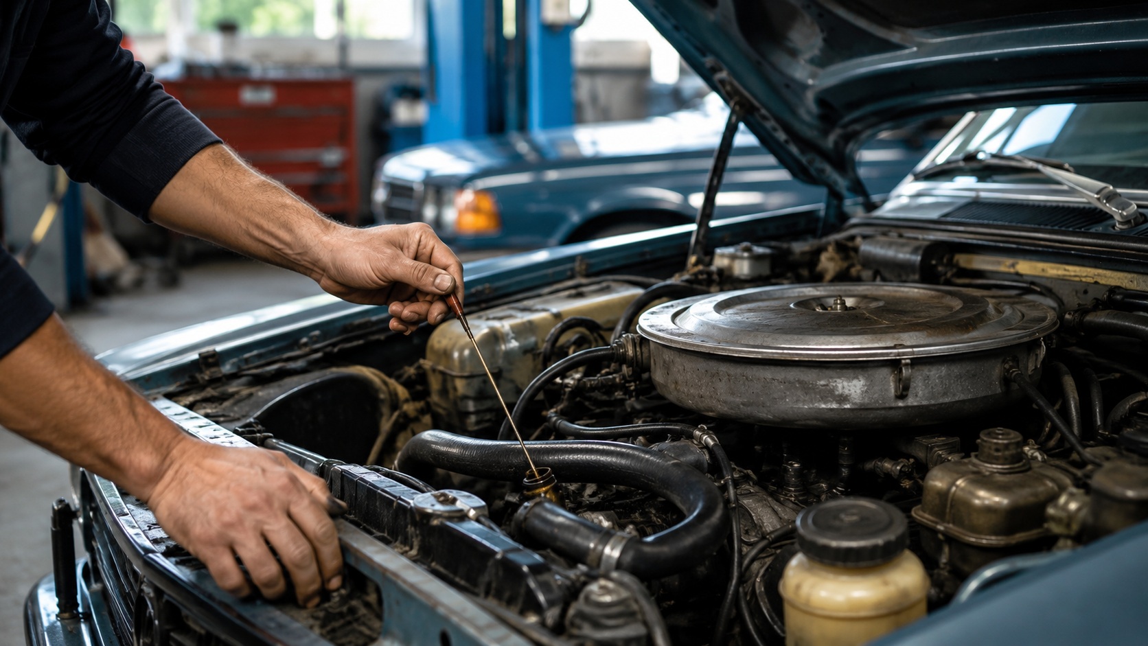 Hands checking engine components during older car maintenance