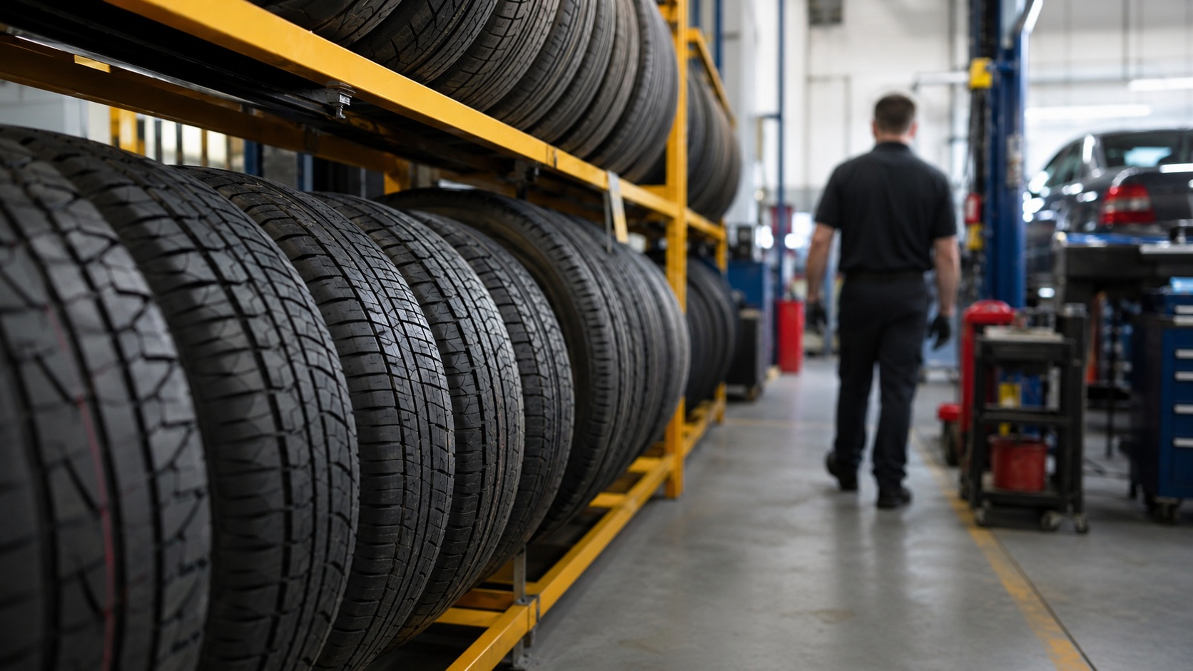 Rows of replacement tires ready for installation