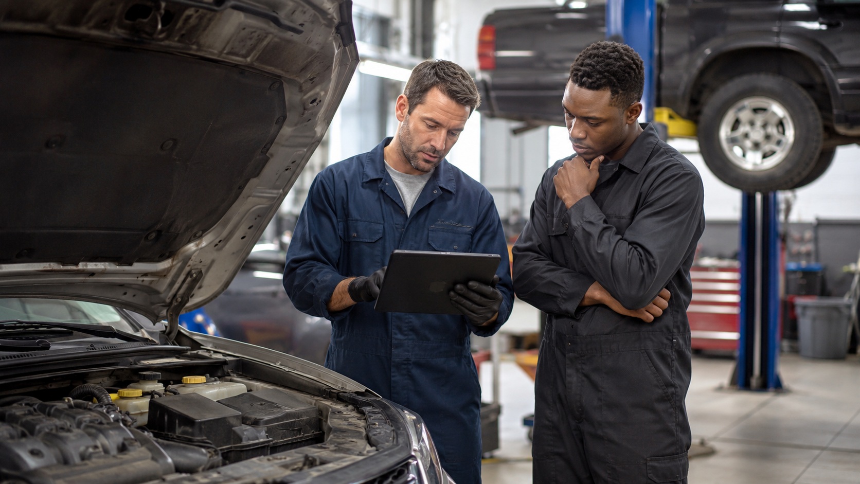 Technicians reviewing vehicle maintenance needs in a repair bay