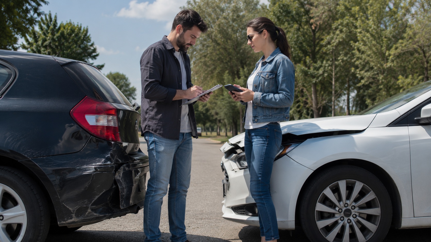 People exchanging information beside vehicles after a collision